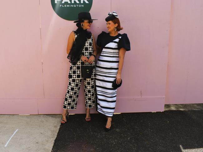 Guests in striking racewear at Penfolds Derby Day at the Flemington Racecourse on Saturday, November 02, 2024: Viera Macikova and Neva Eisenmenger. Picture: Jack Colantuono