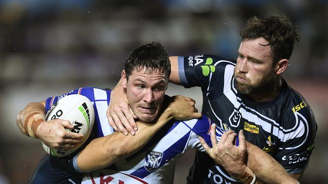 Bulldogs backrower Josh Jackson is tackled on Thursday night. Picture: Getty Images