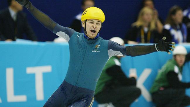 Can’t believe his luck: Steven Bradbury celebrates winning gold at Salt Lake City in 2002.