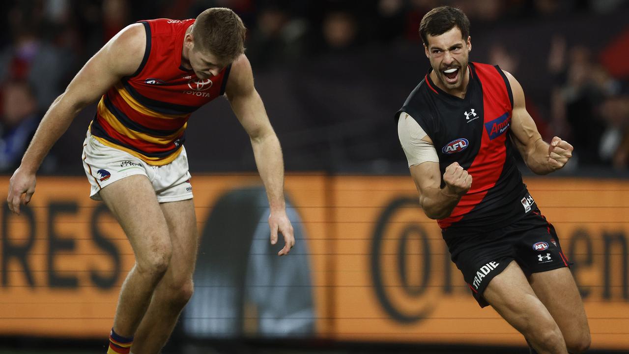 MELBOURNE, AUSTRALIA - JULY 09: Kyle Langford of the Bombers celebrates kicking a goal during the round 17 AFL match between Essendon Bombers and Adelaide Crows at Marvel Stadium, on July 09, 2023, in Melbourne, Australia. (Photo by Daniel Pockett/Getty Images)