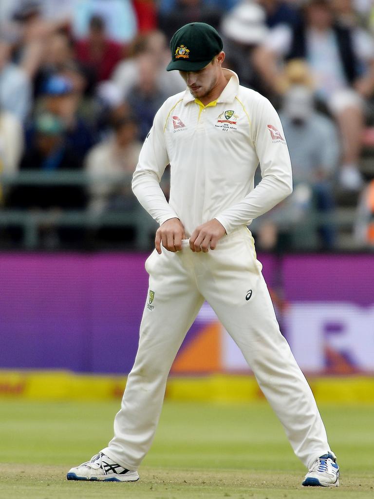 Cameron Bancroft adjusts his waistband after stashing the offending sandpaper away. Picture: Getty