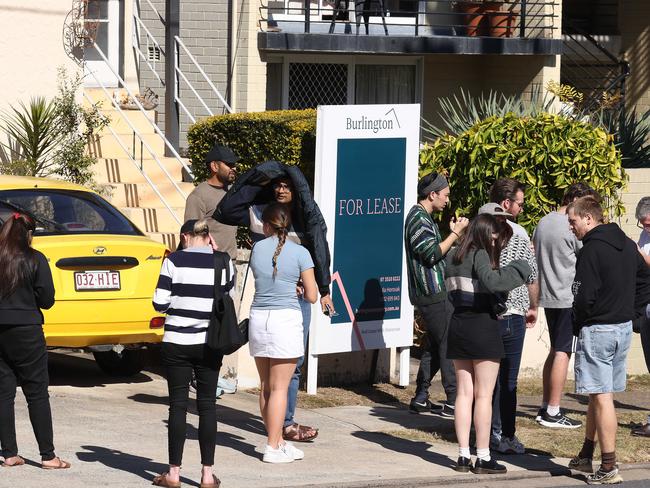 Young people line up to view a rental property at Paddington in Sydney. Picture: Liam Kidston