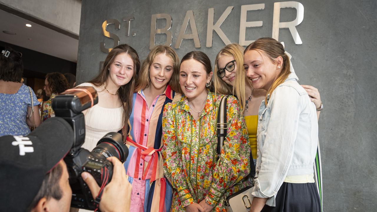 Posing for photographers are Fairholme College fashion students (from left) Kristen Hurlock, Clare Hogan, Bella Donaldson, Katie Campbell and Caroline Armstrong who had their designs featured on the Emerging Designers runway of Toowoomba Fashion Festival at The Armitage Centre, Saturday, March 16, 2024. Picture: Kevin Farmer