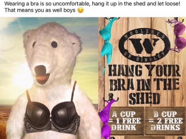 The Woolshed on Hindley posted a promotion online for free drinks if you remove your bra. They have now apologised after huge backlash online. Picture: The Woolshed on Hindley