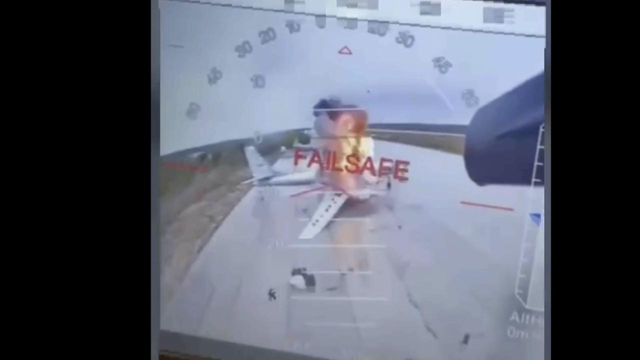 In this image released June 1 by a source in the Ukrainian Security Service shows a Ukrainian drone striking Russian planes deep in Russia's territory. Picture: Ukrainian Security Service via AP