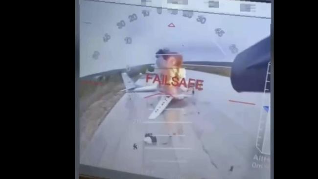 In this image released June 1 by a source in the Ukrainian Security Service shows a Ukrainian drone striking Russian planes deep in Russia's territory. Picture: Ukrainian Security Service via AP