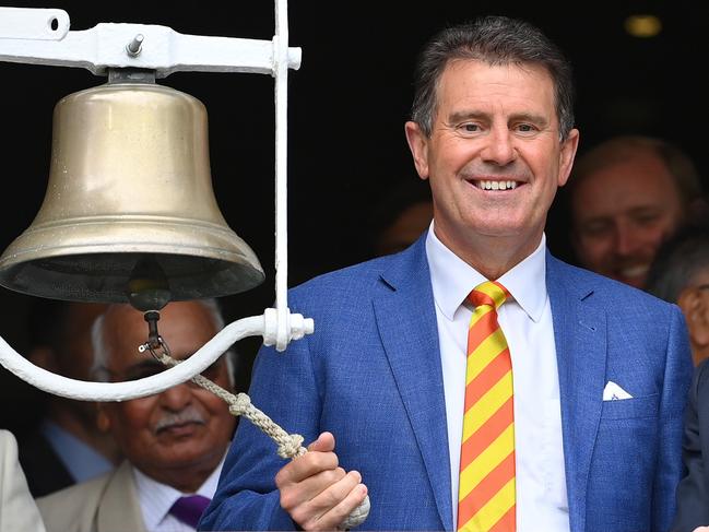 LONDON, ENGLAND - JULY 01: Mark Taylor rings the 5 minute bell prior to Day Four of the LV= Insurance Ashes 2nd Test match between England and Australia at Lord's Cricket Ground on July 01, 2023 in London, England. (Photo by Stu Forster/Getty Images)