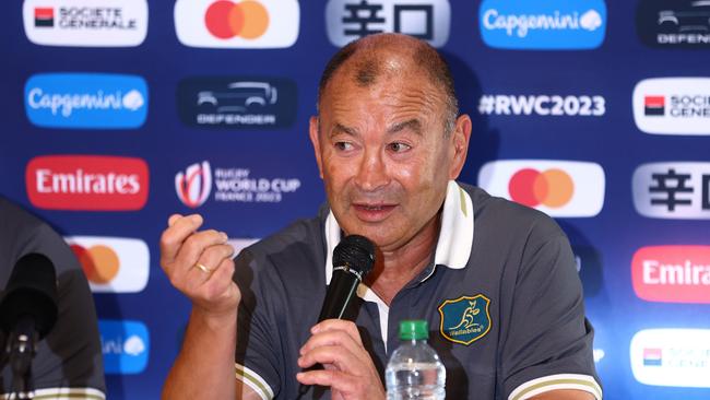 SAINT-ETIENNE, FRANCE - SEPTEMBER 15: Head Coach, Eddie Jones speaks to the media during a press conference ahead of the Rugby World Cup France 2023, at La CharpiniÃÂ¨re on September 15, 2023 in Saint-Etienne, France. (Photo by Chris Hyde/Getty Images)