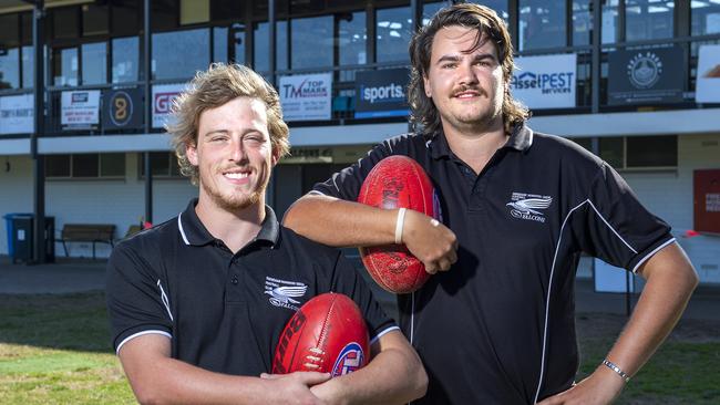 Payneham Norwood Union’s Dylan McIntosh and Jamie Darrington have their Falcons under-16s poised for a premiership. Picture: Mark Brake