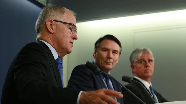 New deal ... Communications Minister Malcolm Turnbull MP with NBN Co Limited CEO Bill Morrow and Telstra CEO David Thodey at today’s announcement in Sydney. Picture: Britta Campion