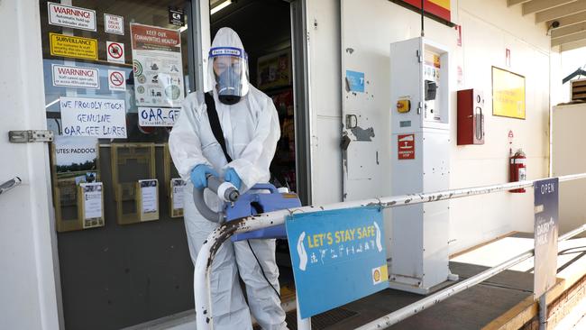 Marie Klein from Klein Sweep Kleaning Services deep cleans the Shell Service Station in Lake Cargelligo. The clean was being done simply as a precaution. Picture: Chris Pavlich