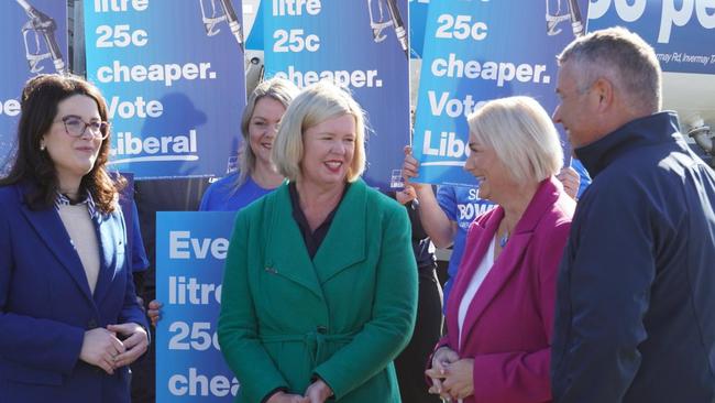 Liberals Mal Hingston, Bridget Archer, Claire Chandler, Susie Bower and Mal Hingston speak to the media at Launceston Airport on Friday, May 2, 2025.