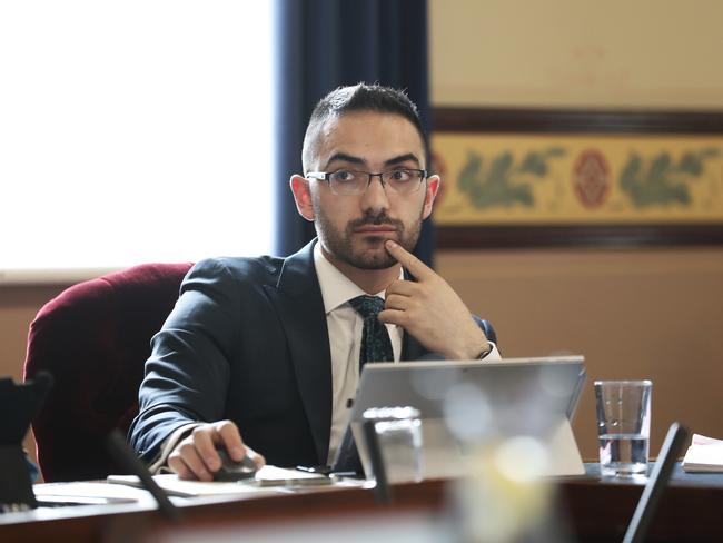 Alderman Simon Behrakis at an open Hobart City Council meeting to discuss building heights. Picture: LUKE BOWDEN