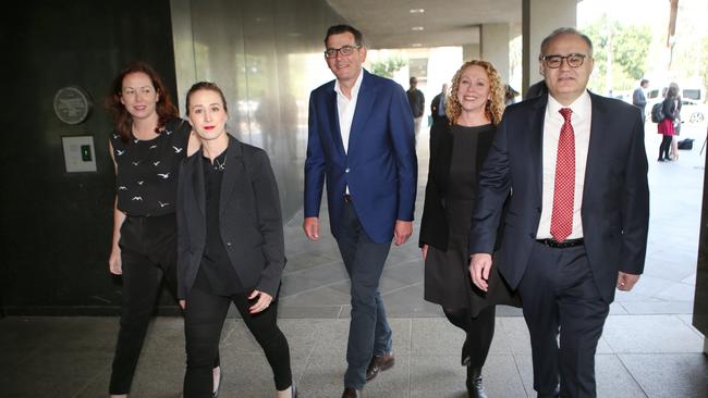 Victorian Premier Daniel Andrews and Adem Somyurek with (L-R) Jaclyn Symes, Gabrielle Williams and Melissa Horne in 2018