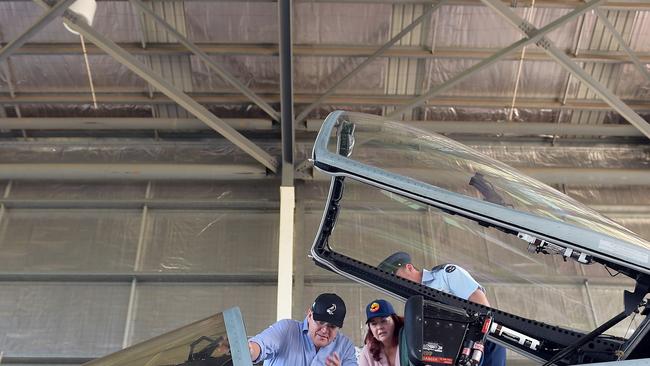 Prime Minister Scott Morrison and Minister for Defence Industry Melissa Price get a close look at an FA-18 during a visit to RAAF Base Tindal in Katherine, Northern Territory Picture: AAP