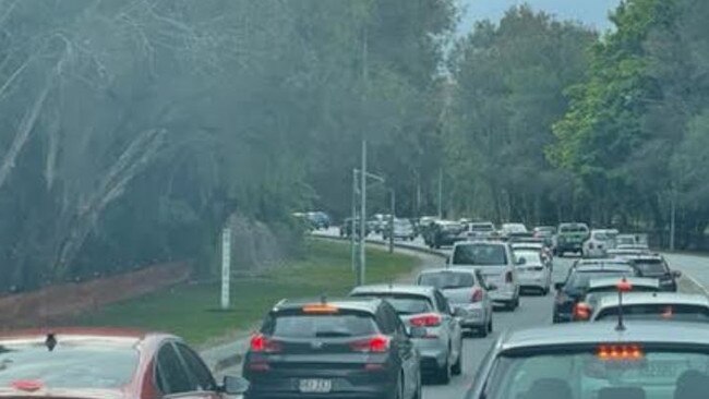 Traffic congestion heading out of Robina towards the Pacific Motorway, an hour after schools finish in the afternoon, about 4pm.