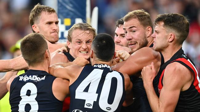 A fight erupted after a Carlton goal in the third term. Picture: Quinn Rooney/Getty Images