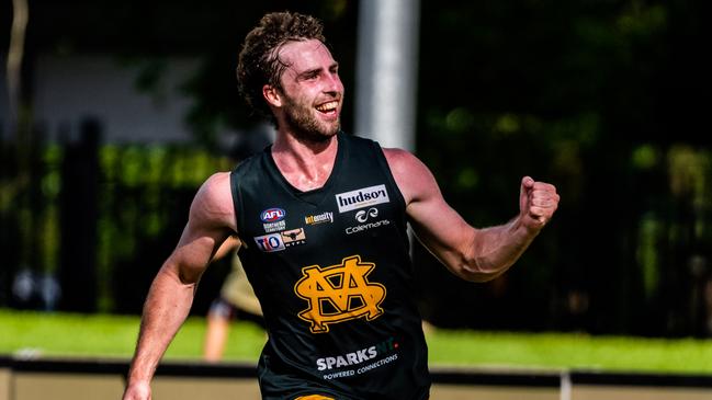 Dylan Landt celebrates a goal for St Mary's in the 2022-23 NTFL semi-final against Nightcliff. Picture: Patch Clapp / AFLNT Media