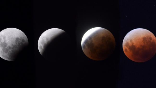 The lunar eclipse blue blood moon over Melbourne. Picture: Tony Gough