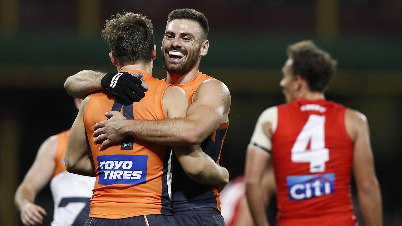 Stephen Coniglio celebrates a goal with Toby Greene earlier this season.