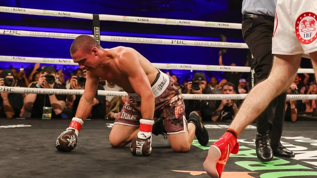 ORLANDO, FLORIDA - OCTOBER 19: Bakhram Murtazaliev walks to the corner after knocking down Tim Tszyu at Caribe Royale Orlando on October 19, 2024 in Orlando, Florida. (Photo by Alex Menendez/Getty Images)