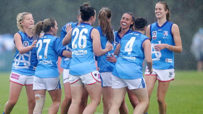 VU Western Spurs celebrate a goal earlier this season. Picture: Sarah Matray