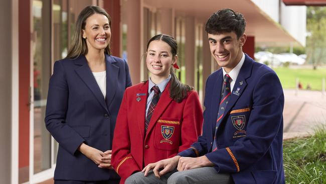 St Ignatius College Principal Lauren Brooks with Sarah Higgins, 16, and Max Barilla, 17, outside the Andrea Pozzo Centre at Athelstone. Picture: Matt Loxton