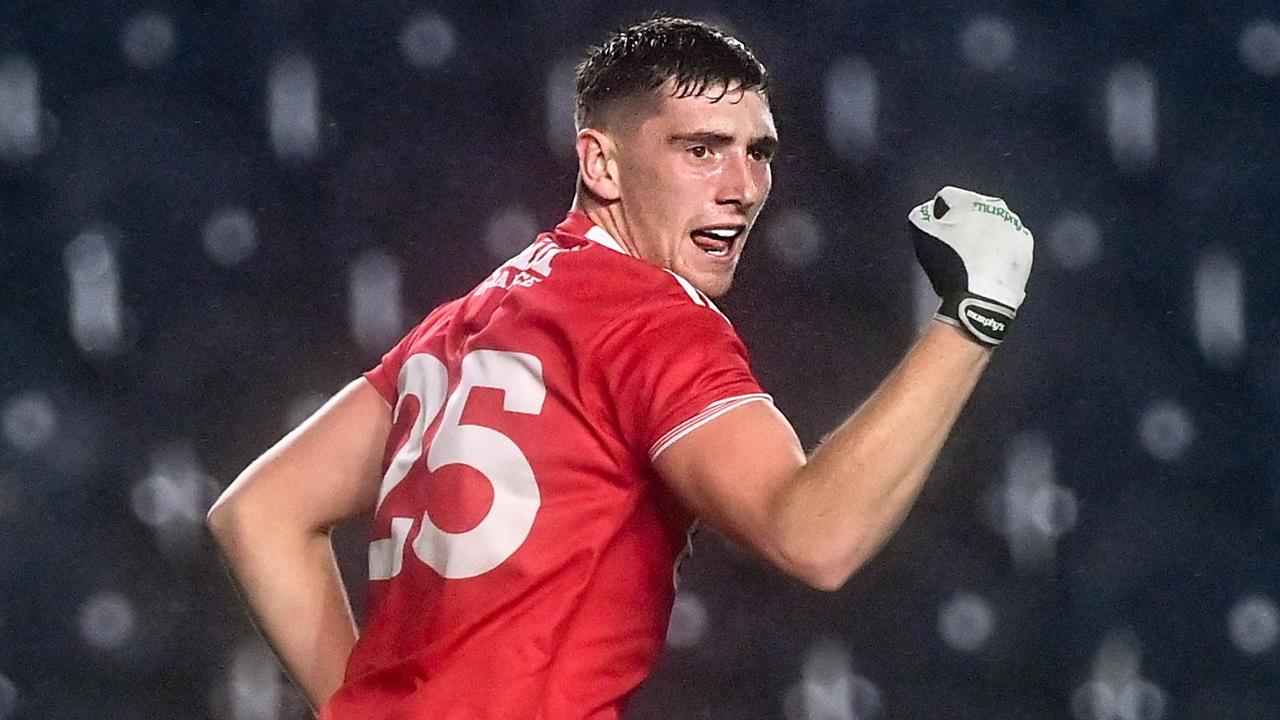 Collingwood's Mark Keane celebrates a match-winning goal for Cork in their Gaelic football game against Kerry.