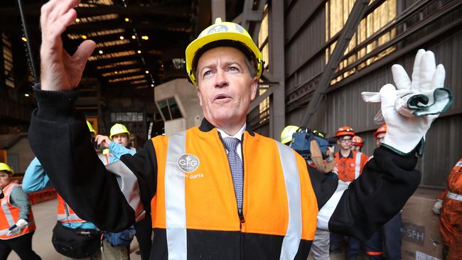 Opposition Leader Bill Shorten makes a big statement at the Liberty Steelworks in Whyalla yesterday. Picture: Kym Smith