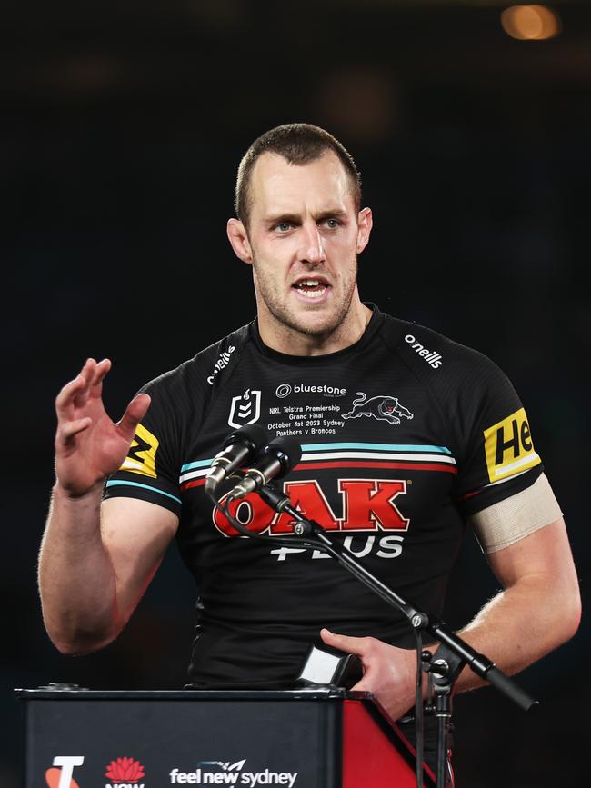 Isaah Yeo speaks on stage after grand final victory. Picture: Matt King/Getty Images