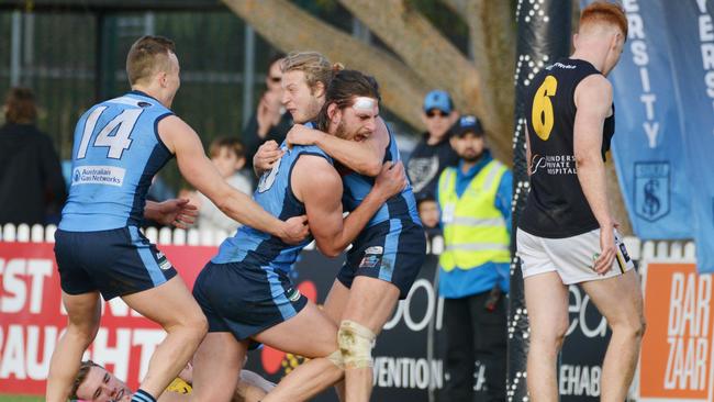 Sturt can celebrate its spot in the finals after beating minor premier Glenelg. Picture: Brenton Edwards/AAP