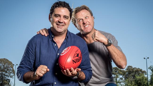 Dermott Brereton welcomes Garry Lyon to Fox Footy. Picture: Jake Nowakowski