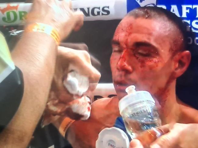 A stray elbow left Tim Tszyu with a deep cut on his head. Picture: Main Event