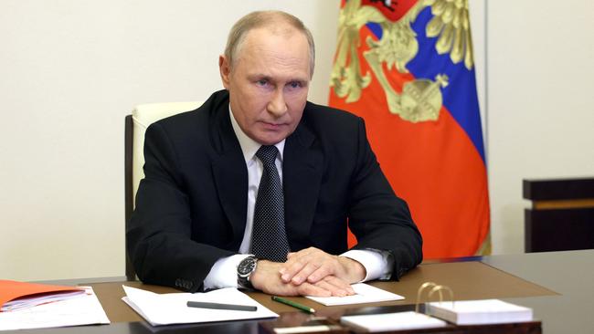 Russian President Vladimir Putin chairs a national Security Council meeting via a video link at the Novo-Ogaryovo state residence outside Moscow on Wednesday. Picture: Sputnik / AFP