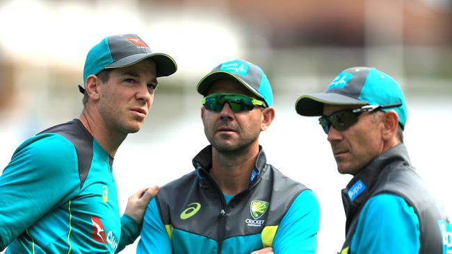 Captain Tim Paine, Ricky Ponting and head coach Justin Langer. Picture: Getty