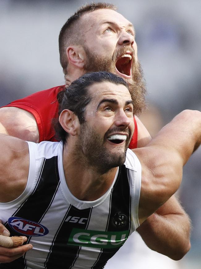 Brodie Grundy in a heavyweight ruck matchup against Melbourne’s Max Gawn in August. Picture: AAP Image/Daniel Pockett