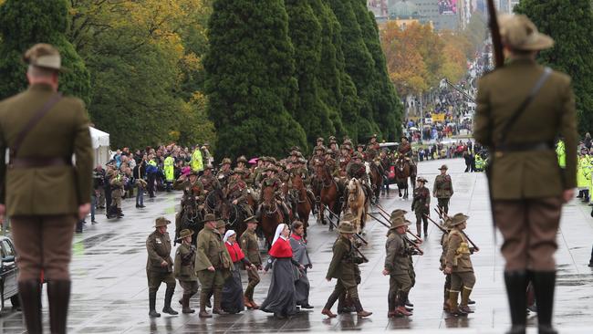 Record crowds ... the Anzac Day march through Melbourne’s CBD. Picture: Alex Coppel