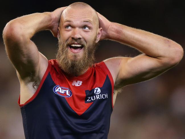 MELBOURNE, AUSTRALIA - APRIL 05: Max Gawn of the Demons looks dejected after defeat after giving away a free kick during the round three AFL match between the Melbourne Demons and the Essendon Bombers at Melbourne Cricket Ground on April 05, 2019 in Melbourne, Australia. (Photo by Michael Dodge/Getty Images)