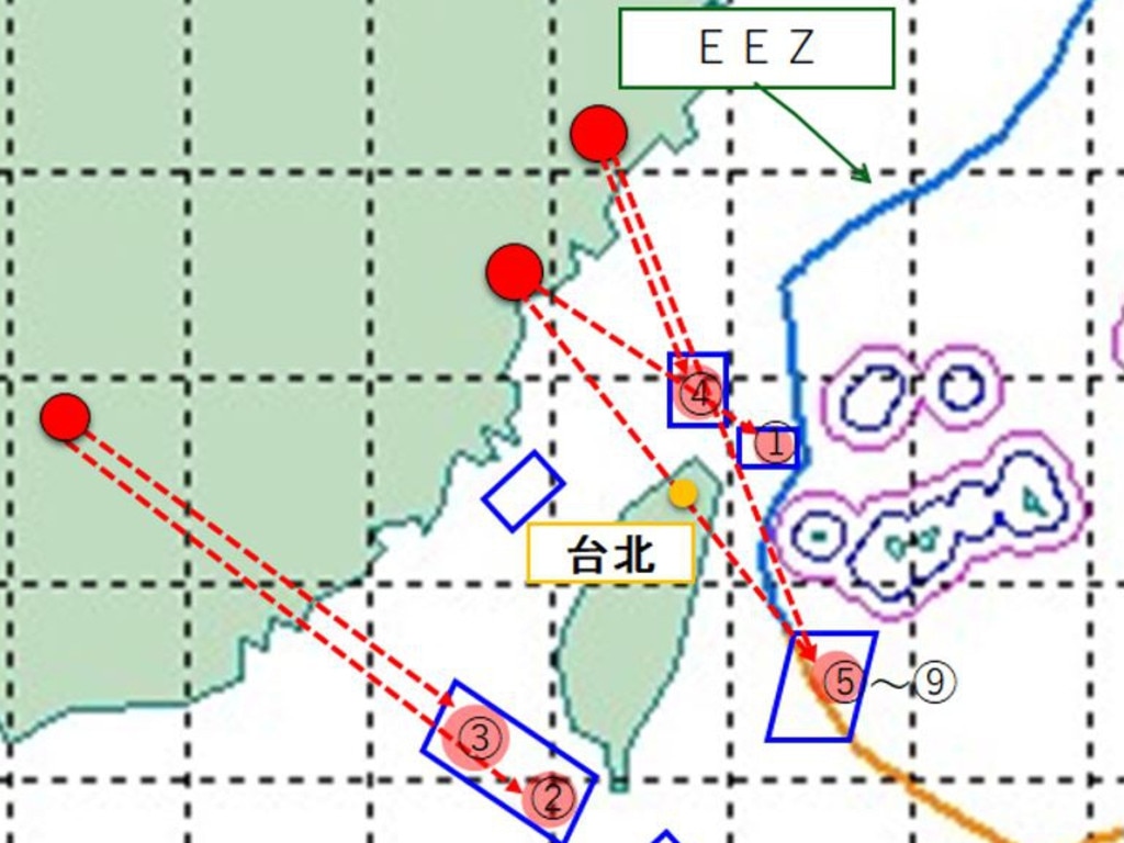 Map from Japan's defence ministry show the routes of alleged China missiles over Taiwan and into Japan's exclusive economic zone.