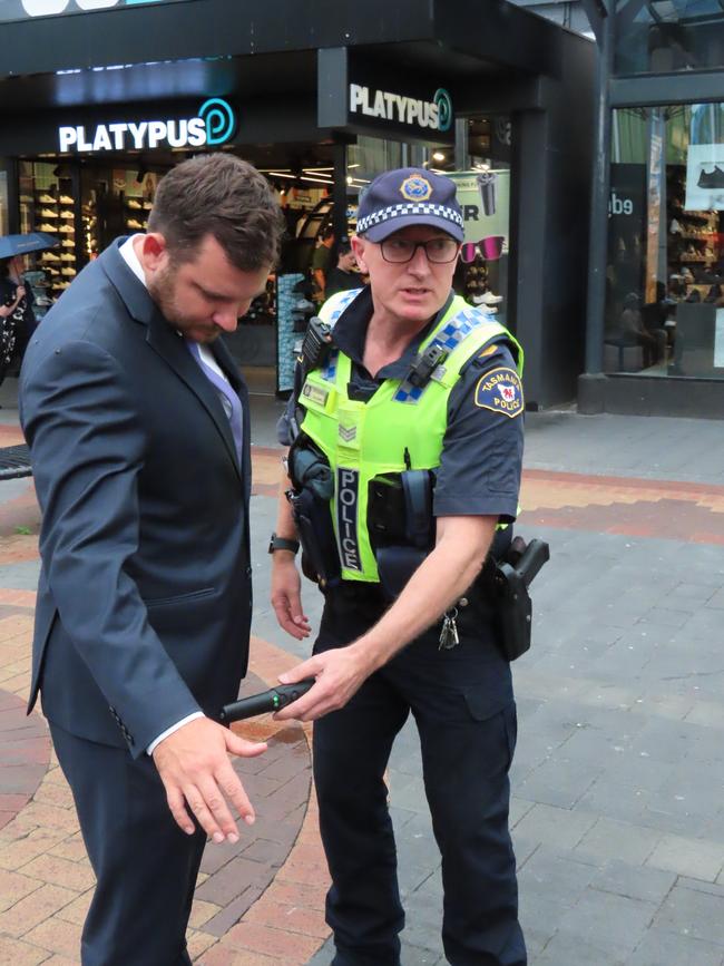 Minister for Police, Fire and Emergency Management Felix Ellis Felix Ellis with Sergeant Tim Etheridge in Elizabeth Street Mall on Monday, January 20, 2025.