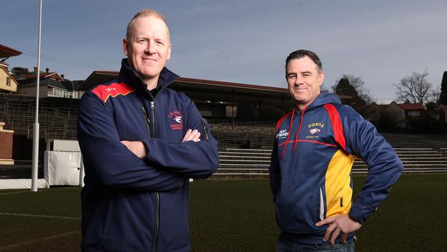 Dodges Ferry Coach, Brent Dolliver and Sorell Coach, Michael McGregor ahead of their teams clash on Saturday at Pembroke Park, Sorell. Picture: Zak Simmonds