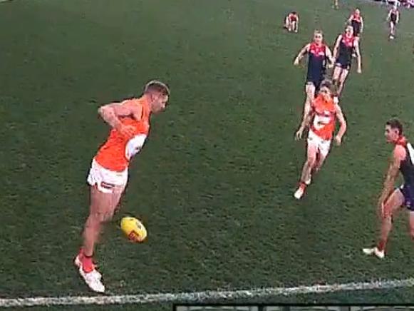 GWS forwards Harvey Thomas and Jesse Hogan were in a horror mix-up after Thomas blazed away at goal, straight into Hogan's knee. Picture: 7 AFL