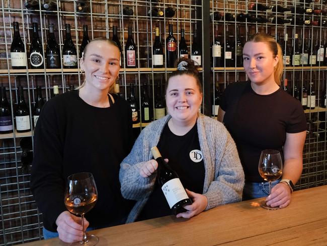 Timber Door Cellar is a new wine bar in Union Street Geelong .Pictured in the bar from left is Emily Free , Leah Whitfield and Claudia Free .Picture: Mark Wilson
