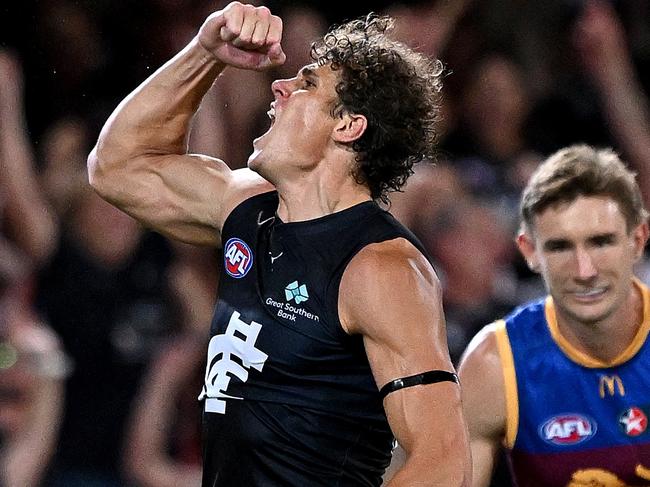 BRISBANE, AUSTRALIA - MARCH 08: Charlie Curnow of the Blues celebrates kicking a goal during AFL Opening Round match between Brisbane Lions and Carlton Blues at The Gabba, on March 08, 2024, in Brisbane, Australia. (Photo by Bradley Kanaris/Getty Images)