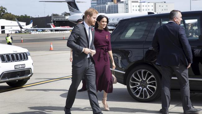 Harry and Meghan trot the globe on private jets, including a plane from Australia for New Zealand in 2018. Picture: Jessica Hromas/Fairfax Media