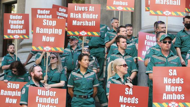 Paramedics put their demands during an April 1 rally on the steps of Parliament House. Picture: NCA NewsWire / Emma Brasier