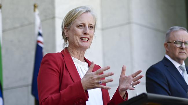 Finance, Women and Public Service Minister Katy Gallagher at a press conference at Parliament House in Canberra. Picture: NewsWire / Martin Ollman