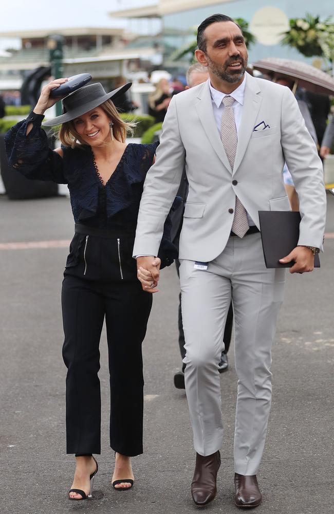 Adam Goodes and his wife Natalie Croker at the Caulfield Cup. Picture: Alex Coppel.