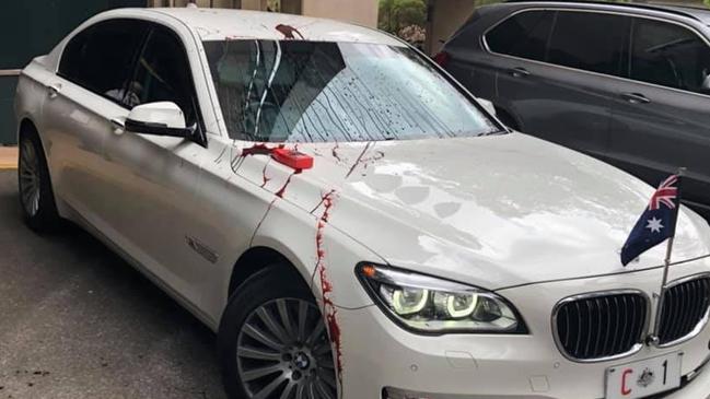 Protesters threw paint at Scott Morrison’s car in a UQ protest. Picture: Supplied.