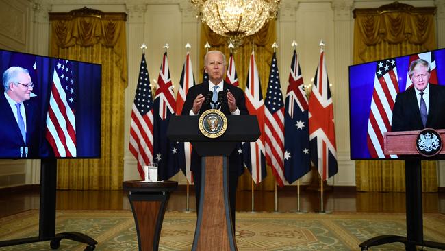 Joe Biden in the White House announces the AUKUS pact. Picture: AFP